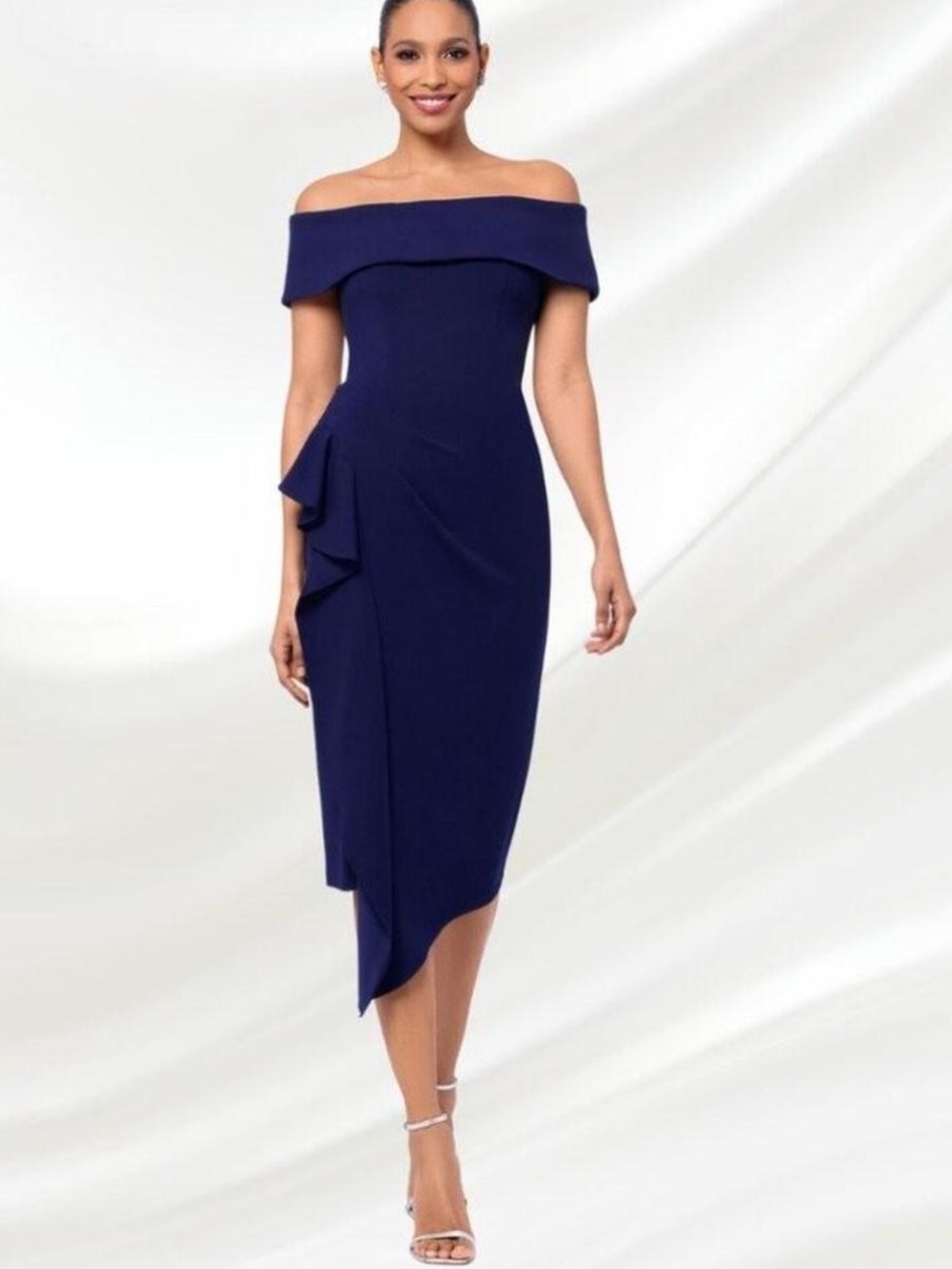 Betsy Adam Navy One-Shoulder Ruffle Sheath Dress